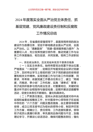 2024年度落实全面从严治党主体责任、抓基层党建、党风廉政建设责任制和反腐败工作情况总结
