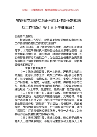 被巡察党组落实意识形态工作责任制和统战工作情况汇报（县卫生健康局）