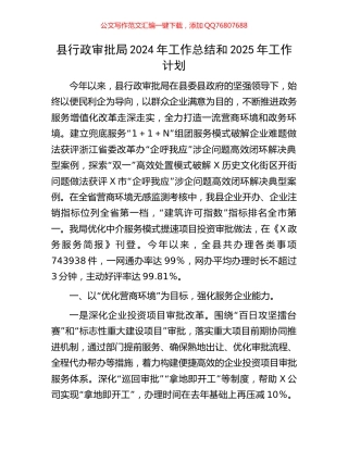 县行政审批局2024年工作总结和2025年工作计划