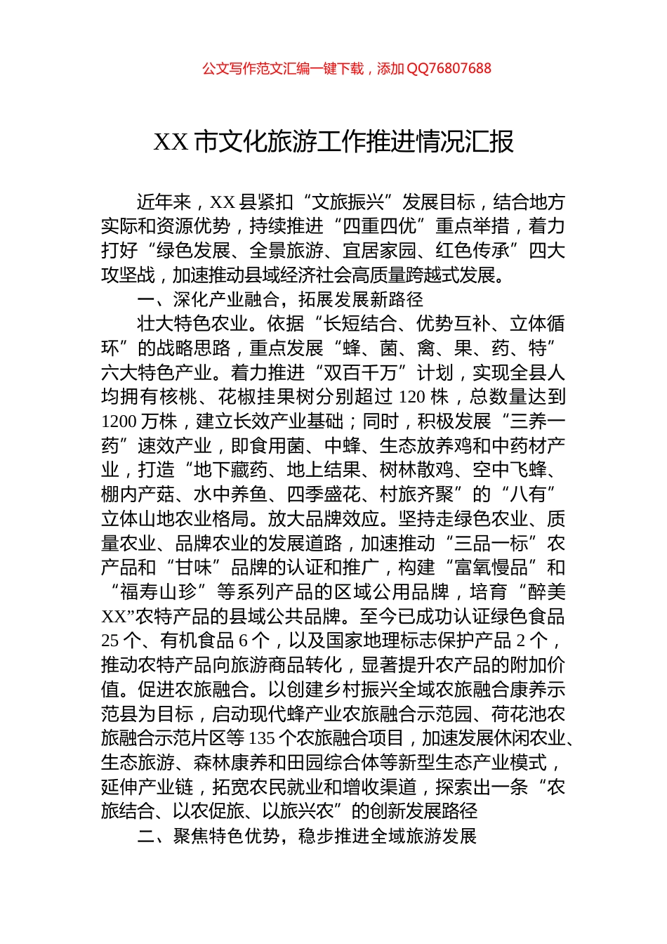 XX市文化旅游工作推进情况汇报_第1页