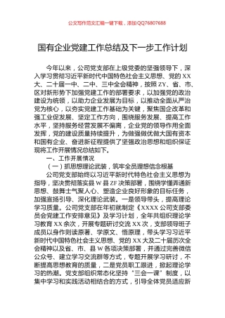 2024年国有企业党建工作总结及下一步工作计划