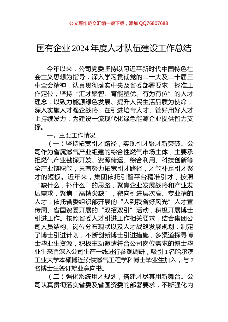 国有企业2024年度人才队伍建设工作总结_第1页