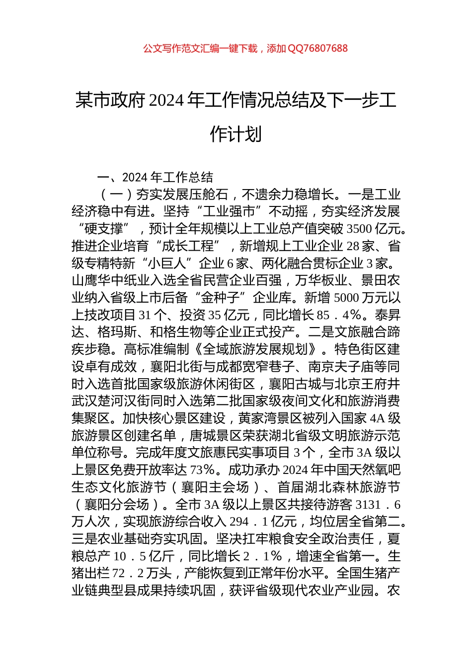 某市政府2024年工作情况总结及下一步工作计划_第1页