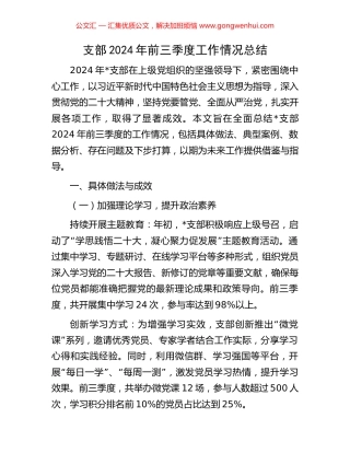 支部2024年前三季度工作情况总结