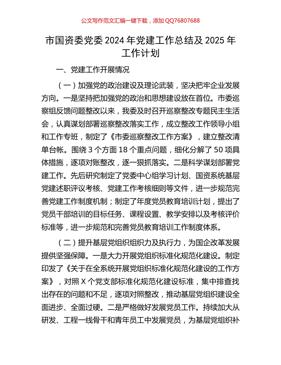 市国资委党委2024年党建工作总结及2025年工作计划_第1页
