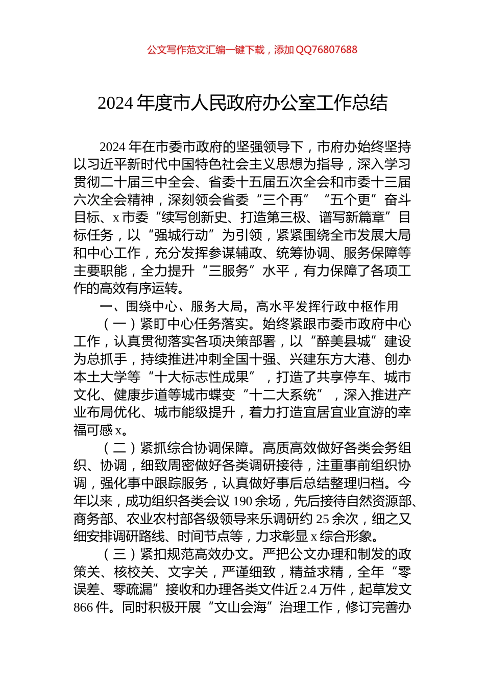 2024年度市人民政府办公室工作总结_第1页