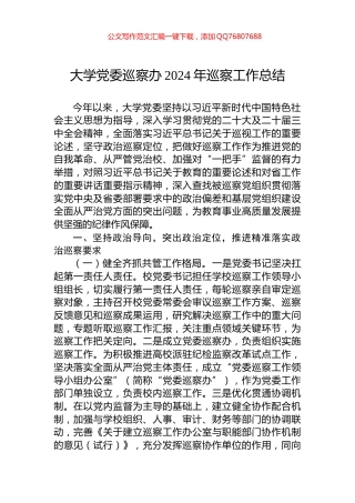 大学党委巡察办2024年巡察工作总结