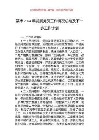 某市2024年发展党员工作情况总结及下一步工作计划