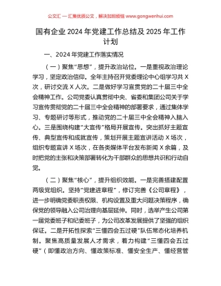 国有企业2024年党建工作总结及2025年工作计划