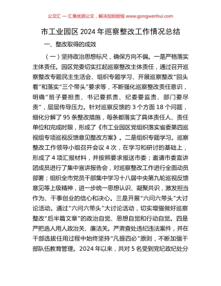 市工业园区2024年巡察整改工作情况总结