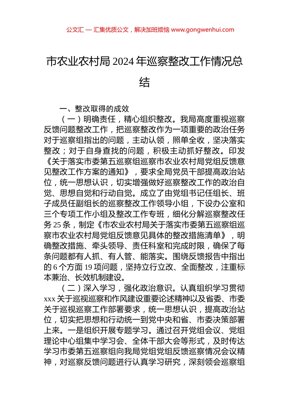 市农业农村局2024年巡察整改工作情况总结_第1页