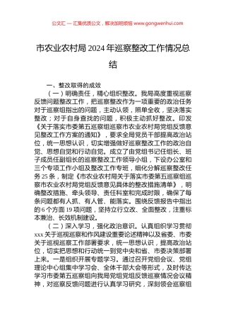 市农业农村局2024年巡察整改工作情况总结