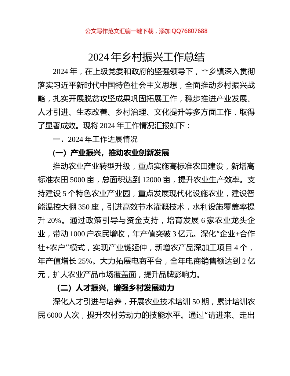 2024年乡村振兴工作总结_第1页