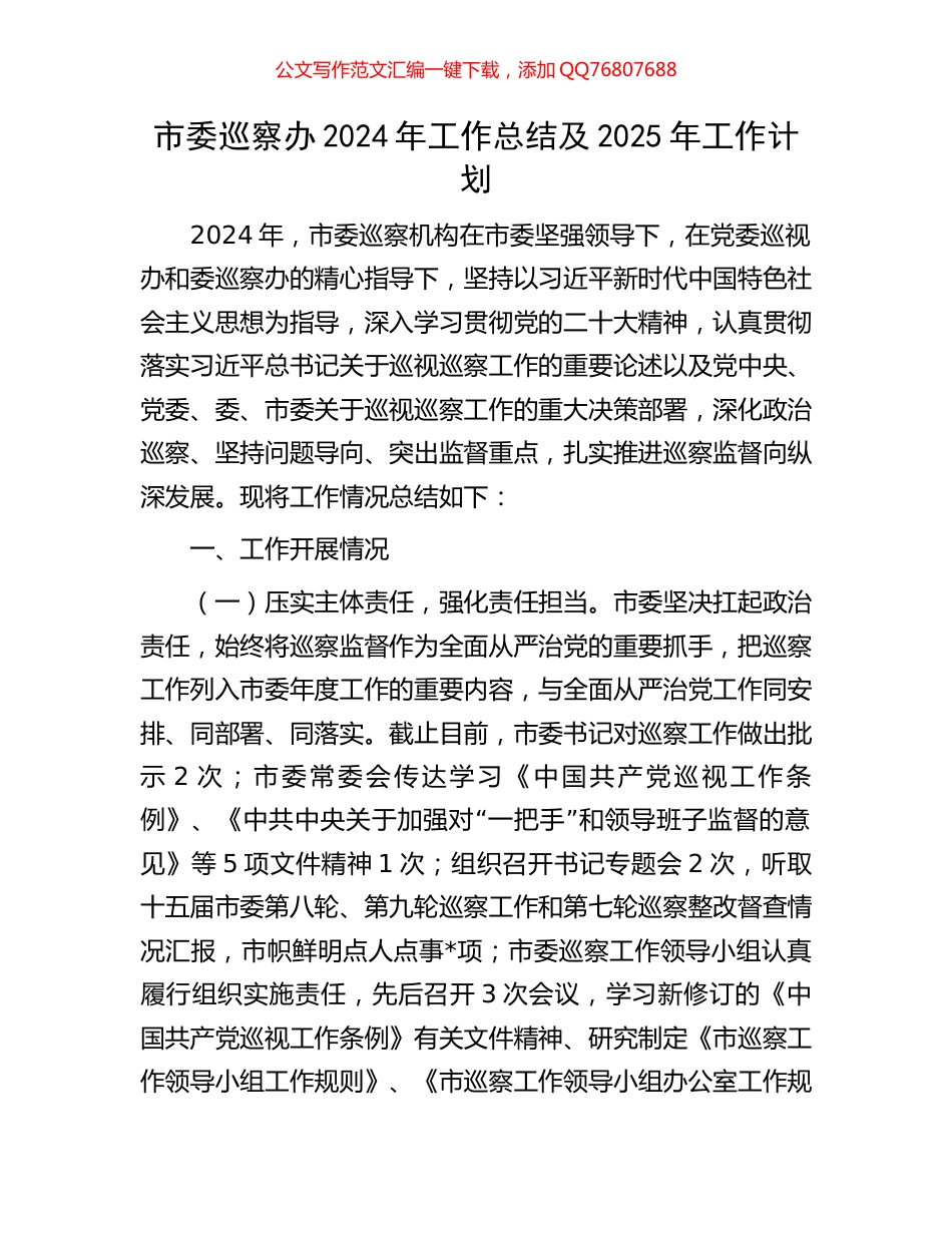 市委巡察办2024年工作总结及2025年工作计划_第1页