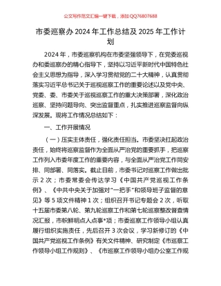 市委巡察办2024年工作总结及2025年工作计划