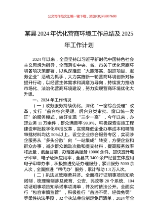 某县2024年优化营商环境工作总结及2025年工作计划