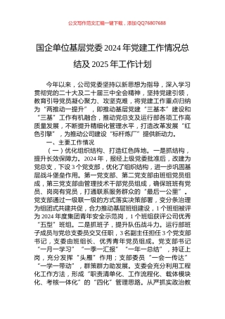 国企单位基层党委2024年党建工作情况总结及2025年工作计划