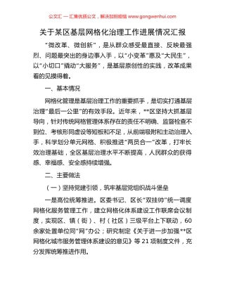 关于某区基层网格化治理工作进展情况汇报