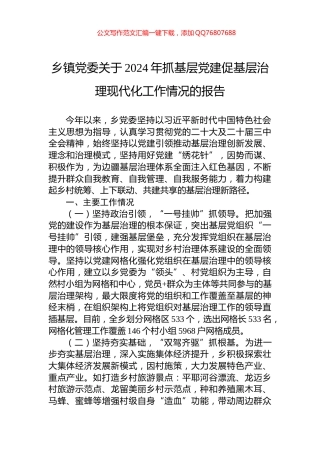 乡镇党委关于2024年抓基层党建促基层治理现代化工作情况的报告