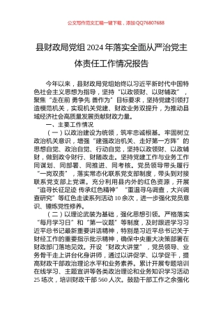 县财政局党组2024年落实全面从严治党主体责任工作情况报告