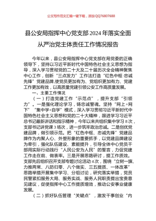 县公安局指挥中心党支部2024年落实全面从严治党主体责任工作情况报告