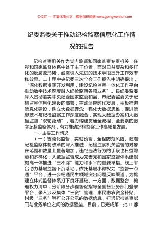 纪委监委关于推动纪检监察信息化工作情况的报告