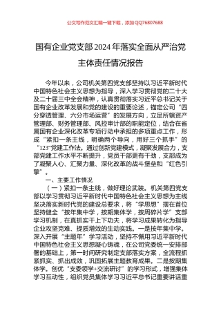 国有企业党支部2024年落实全面从严治党主体责任情况报告