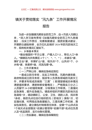 镇关于贯彻落实“汛九条”工作开展情况报告