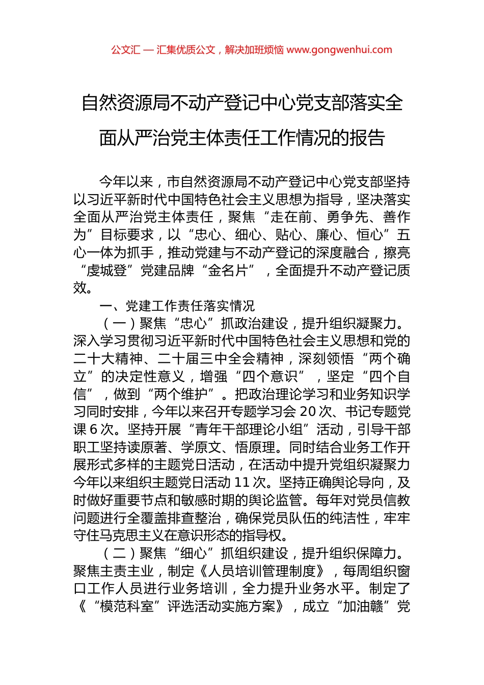 自然资源局不动产登记中心党支部落实全面从严治党主体责任工作情况的报告_第1页