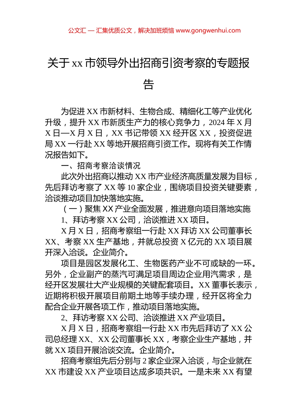 关于xx市领导外出招商引资考察的专题报告_第1页