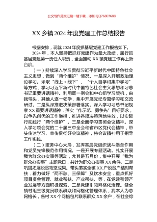 XX乡镇2024年度党建工作总结报告