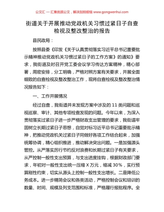 街道关于开展推动党政机关习惯过紧日子自查检视及整改整治的报告