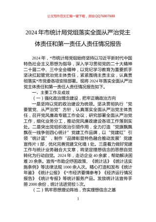 2024年市统计局党组落实全面从严治党主体责任和第一责任人责任情况报告