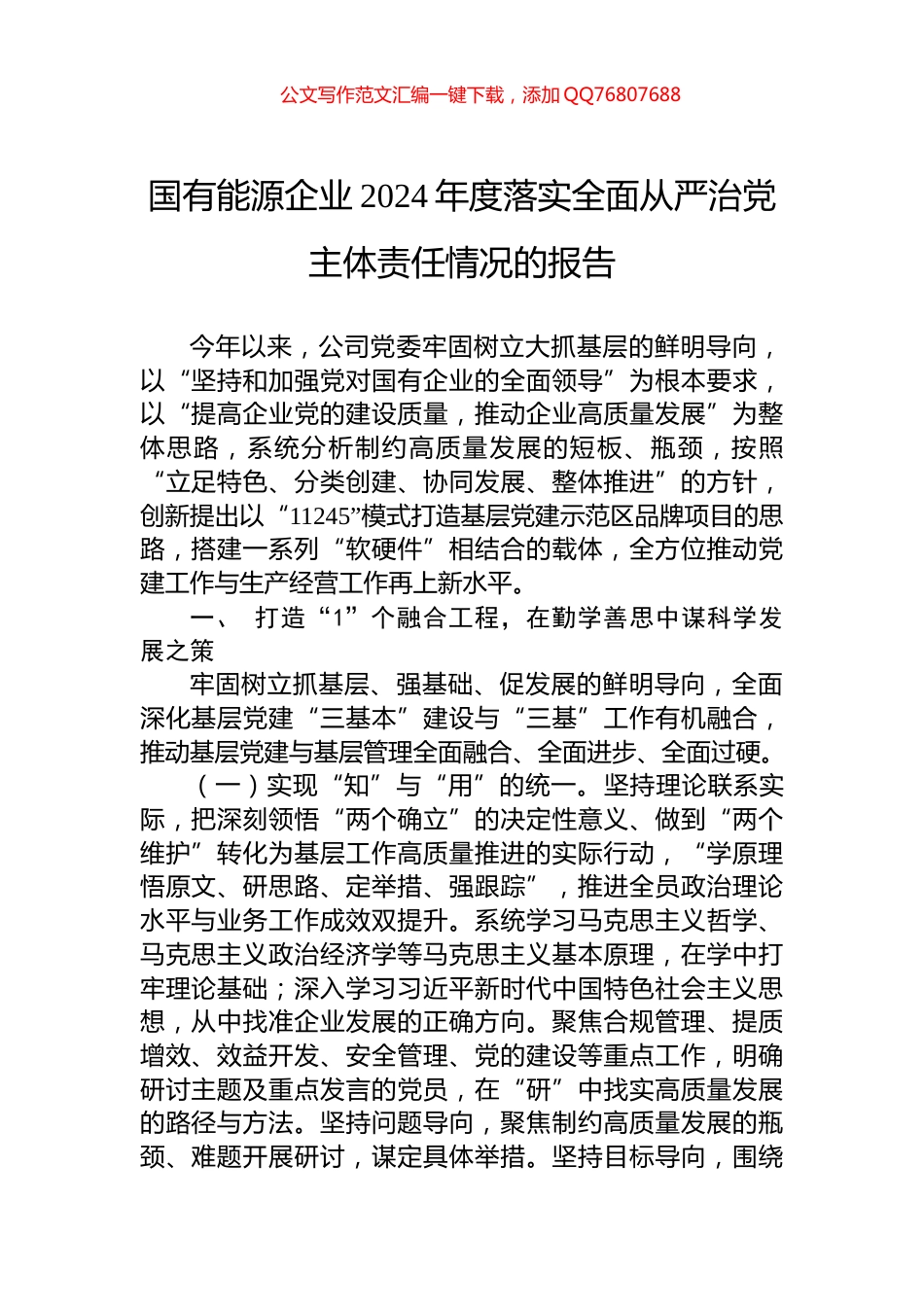 国有能源企业2024年度落实全面从严治党主体责任情况的报告_第1页