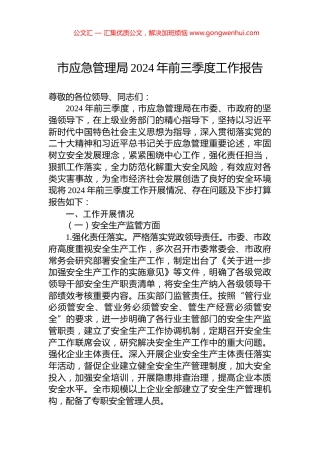 市应急管理局2024年前三季度工作报告