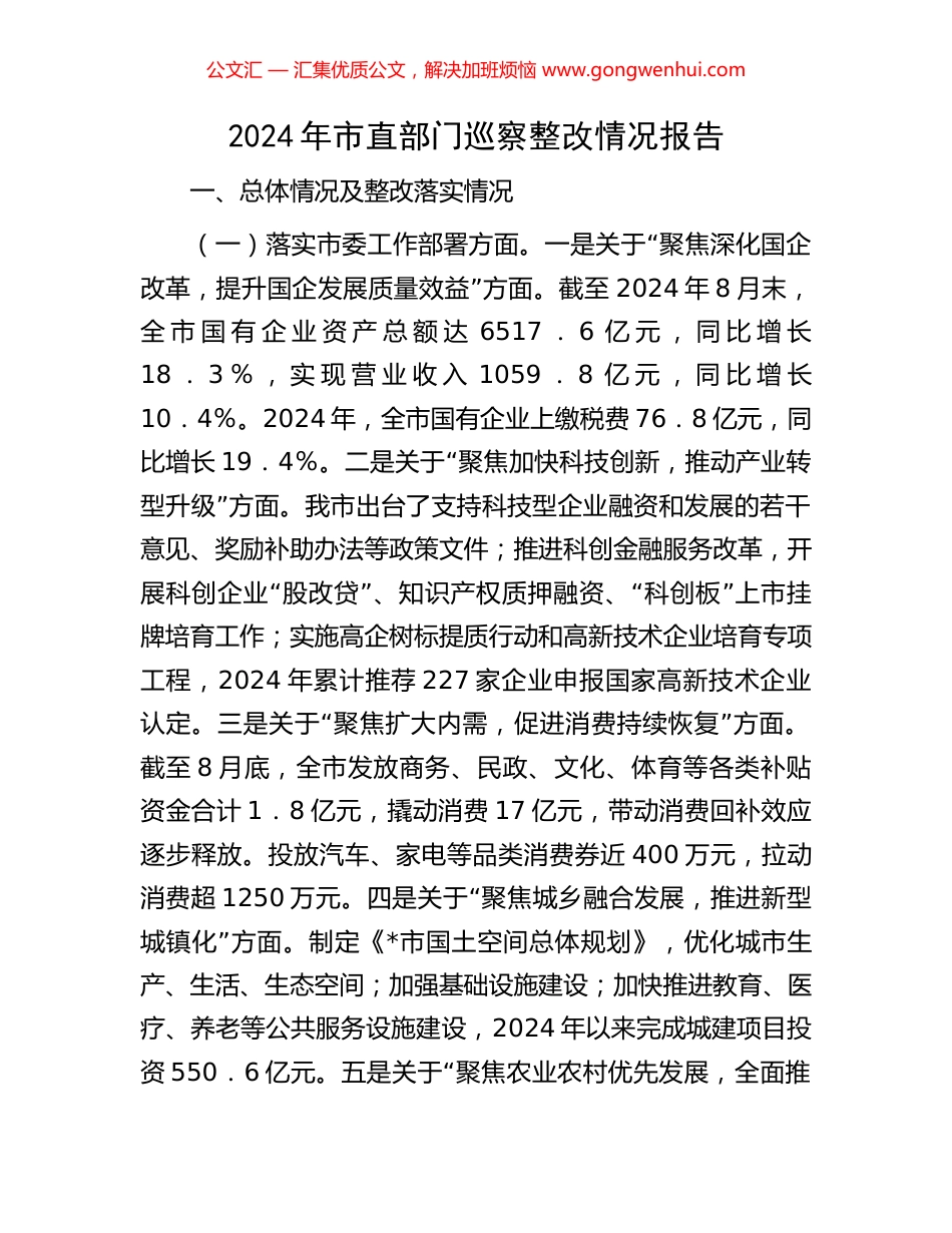2024年市直部门巡察整改情况报告_第1页