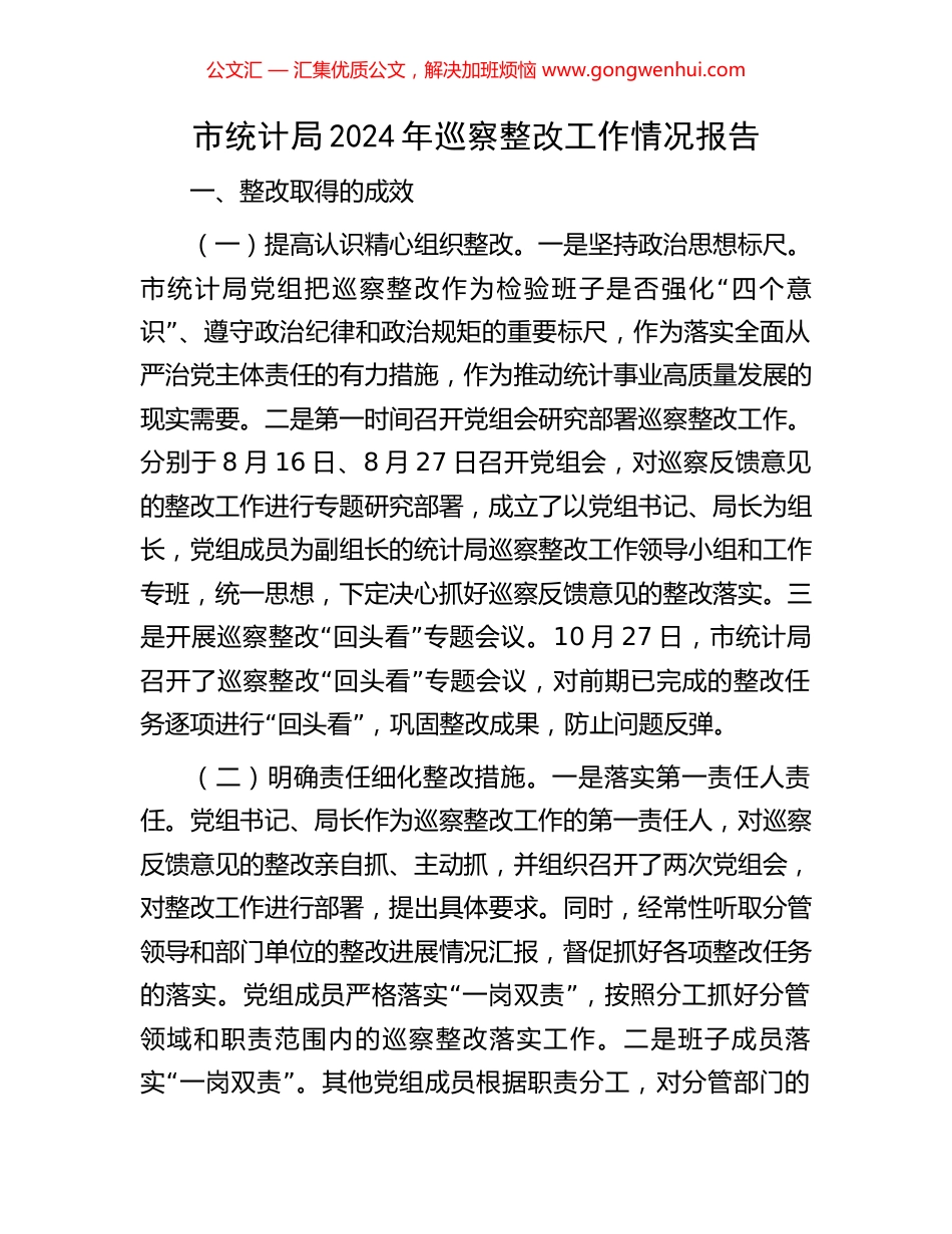 市统计局2024年巡察整改工作情况报告_第1页