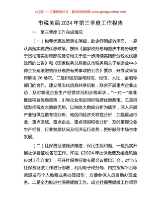 市税务局2024年第三季度工作报告