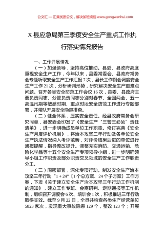 X县应急局第三季度安全生产重点工作执行落实情况报告