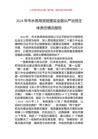 2024年市水务局党组落实全面从严治党主体责任情况报告