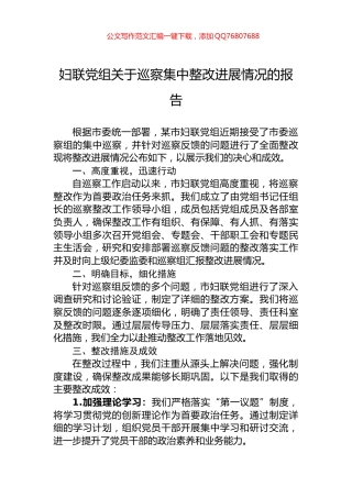 妇联党组关于巡察集中整改进展情况的报告