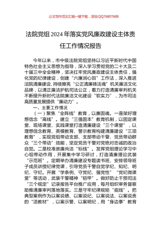 法院党组2024年落实党风廉政建设主体责任工作情况报告