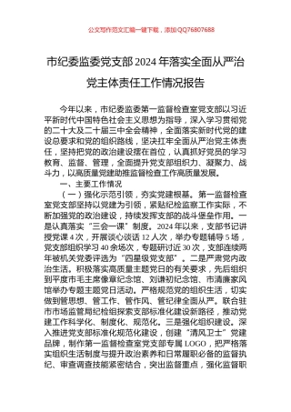 市纪委监委党支部2024年落实全面从严治党主体责任工作情况报告