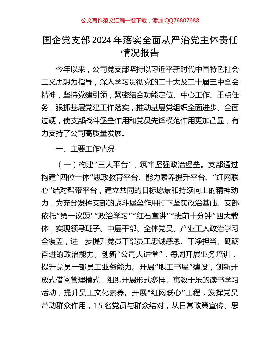 国企党支部2024年落实全面从严治党主体责任情况报告_第1页