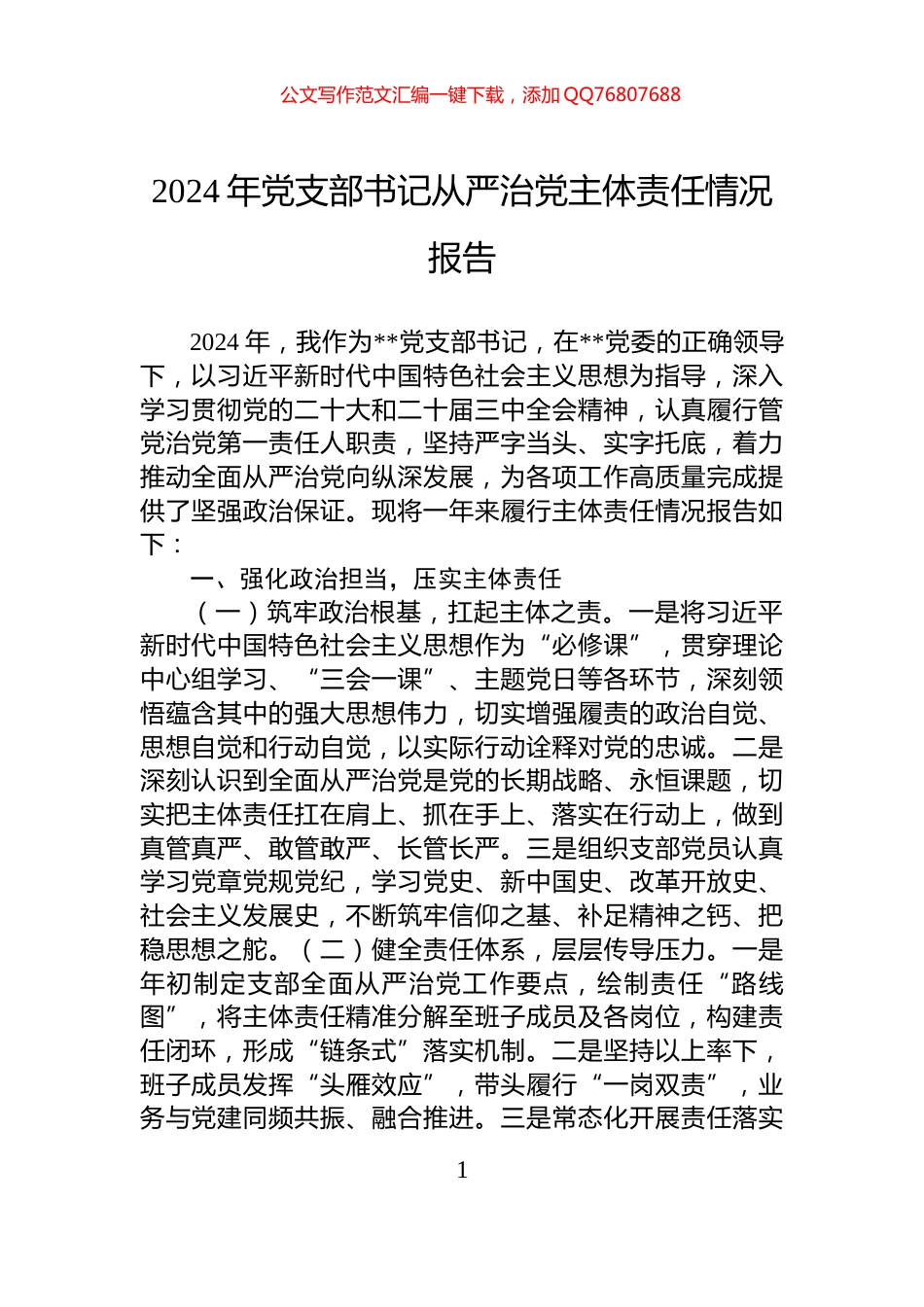 2024年党支部书记从严治党主体责任情况报告_第1页