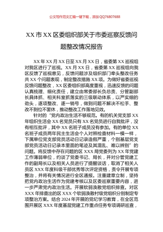 XX市XX区委组织部关于市委巡察反馈问题整改情况报告
