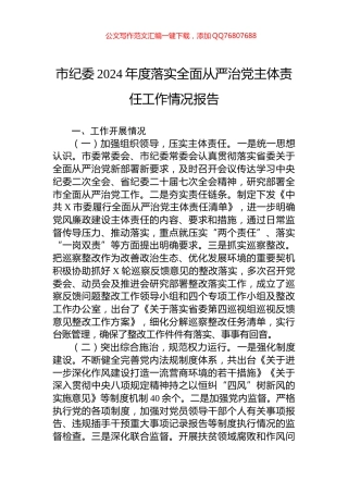 市纪委2024年度落实全面从严治党主体责任工作情况报告