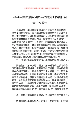 2024年集团落实全面从严治党主体责任自查工作报告