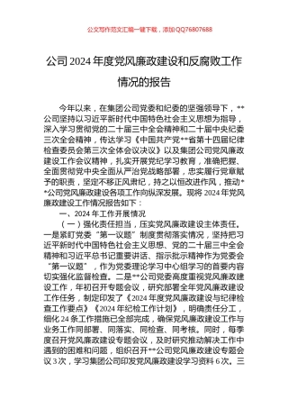 公司2024年度党风廉政建设和反腐败工作情况的报告