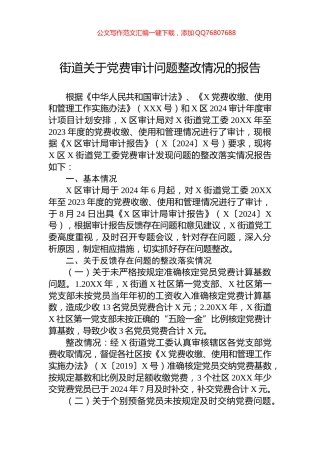 街道关于党费审计问题整改情况的报告